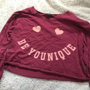 maroon long sleeve crop top with writing and heart